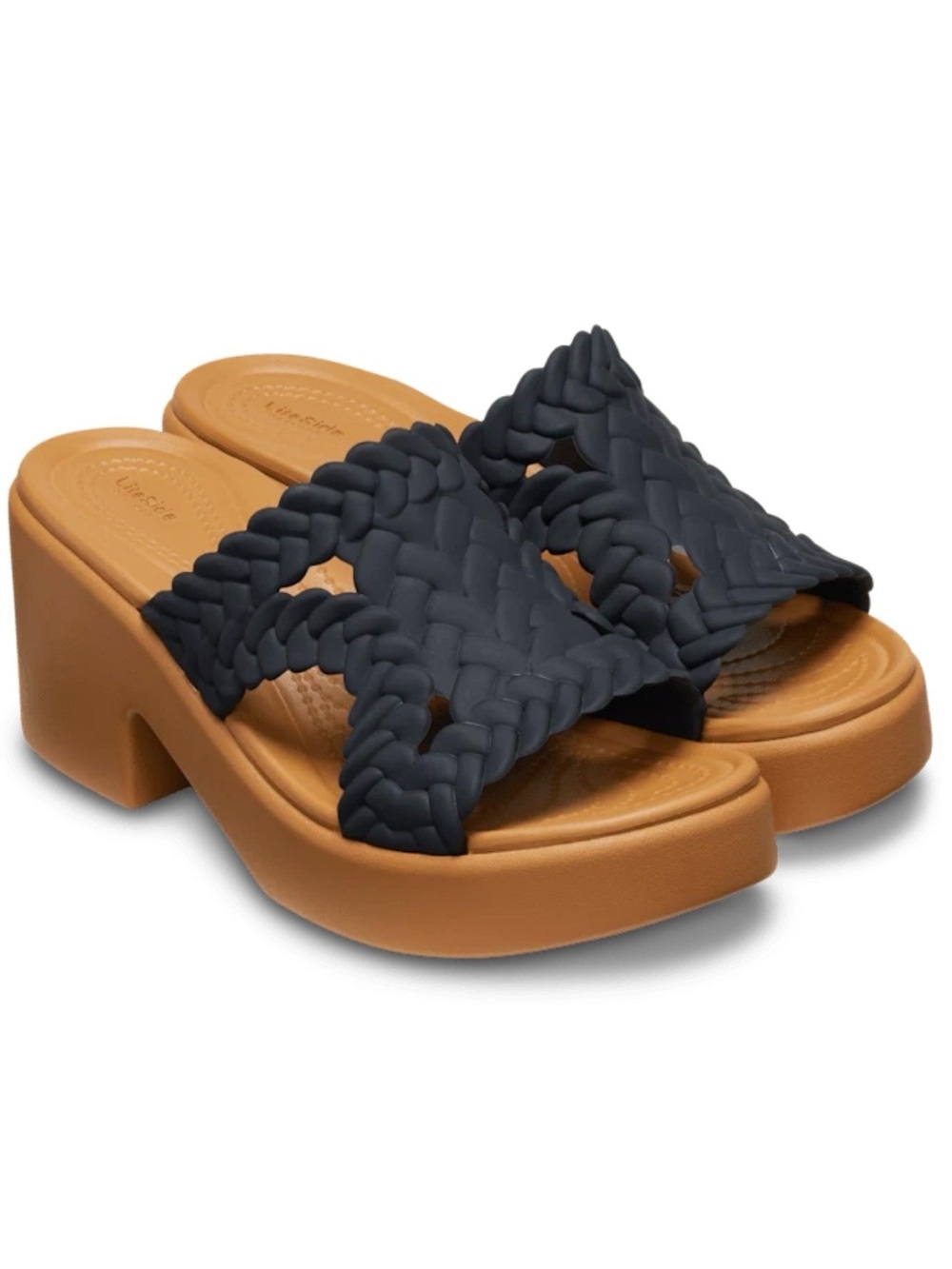 Crocs Women BROOKLYN WOVEN SLIDE HEEL Black Sandals Mules W7